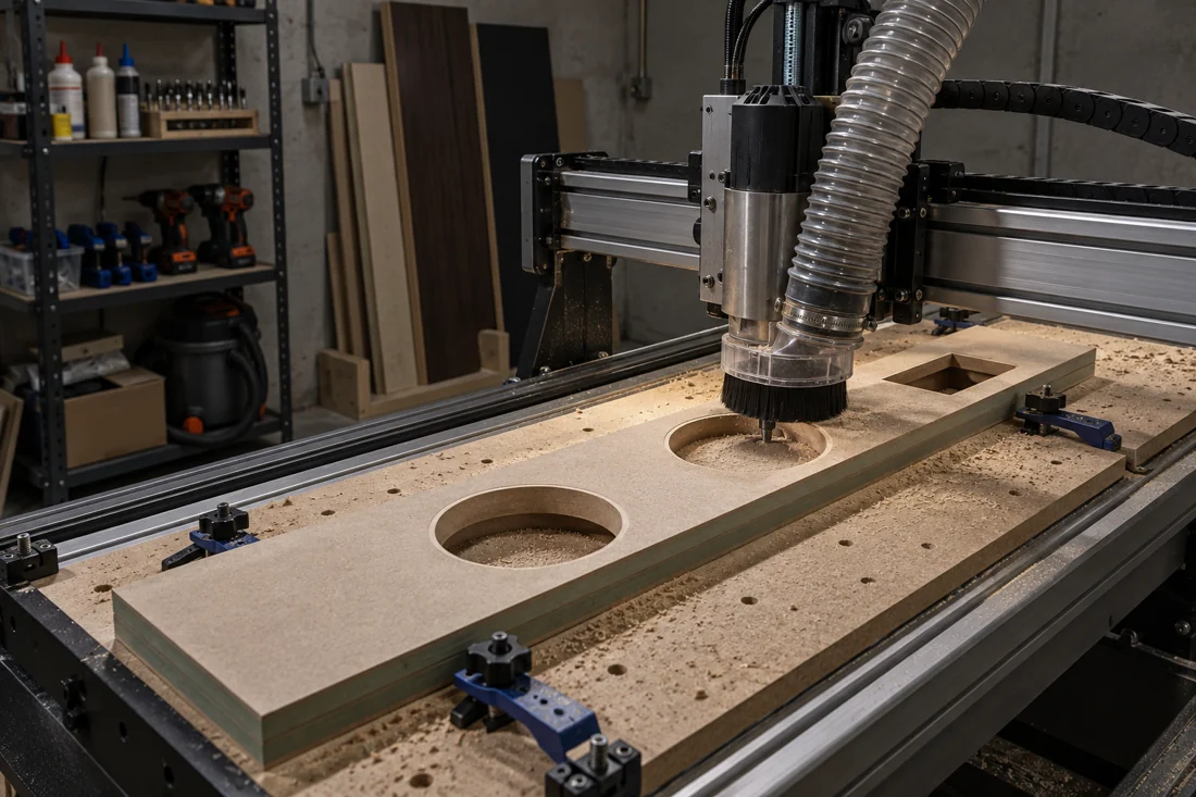 Illustration of a three-axis CNC router machining driver openings in an MDF baffle in a garage workshop.