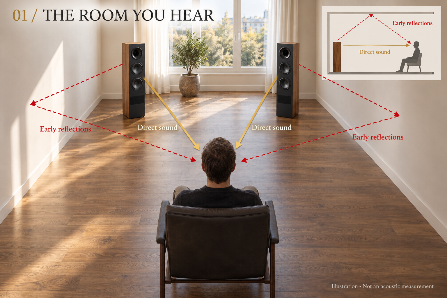 Walnut floorstanding loudspeakers facing a seated listener, with direct and side-wall reflection paths and a ceiling-reflection inset.