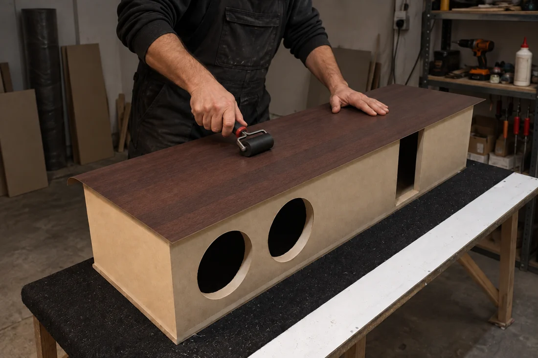 Illustration of a craftsperson pressing woodgrain HPL onto the entire side of a horizontal loudspeaker cabinet, with excess laminate beyond the edges.