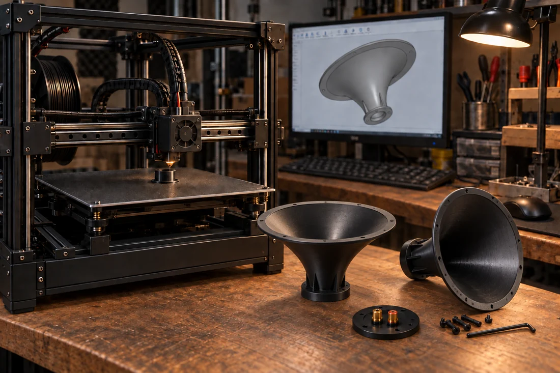 Illustration of a 3D printer producing a black circular horn, beside its CAD model, printed inserts and a terminal mounting plate.