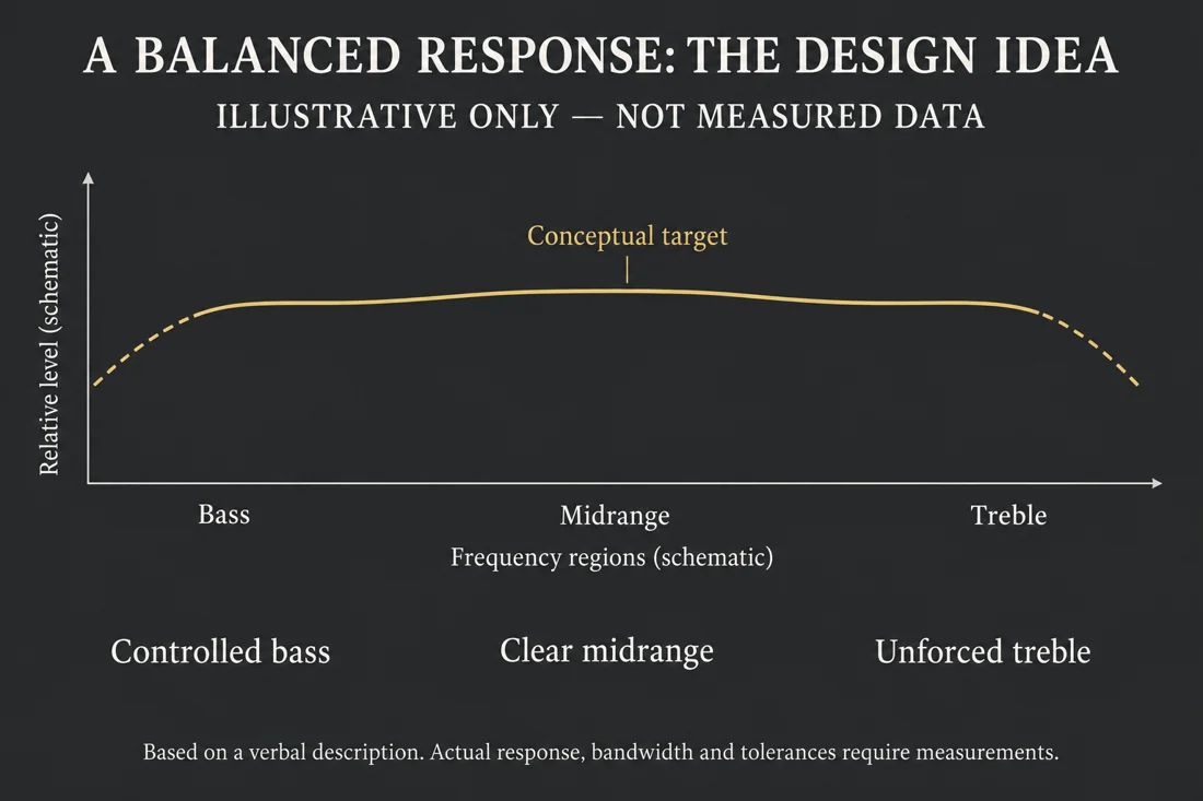 Schematic balanced-response target across bass, midrange and treble, prominently labelled illustrative only and not measured data.