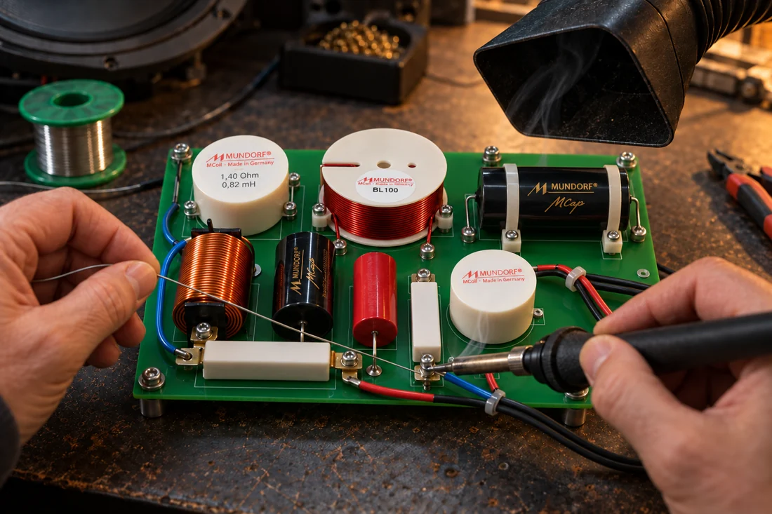 Illustration of a passive loudspeaker crossover being soldered on a workbench, showing copper inductors, capacitors and power resistors.