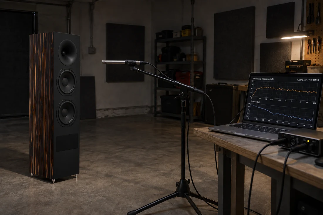 Illustration of a black-fronted loudspeaker with striped woodgrain sides, a horn and two cone drivers facing a measurement microphone, with illustrative frequency and phase plots on a nearby laptop.