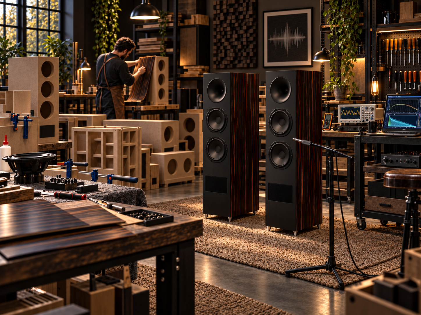 Loudspeaker cabinets and a finished pair in the workshop