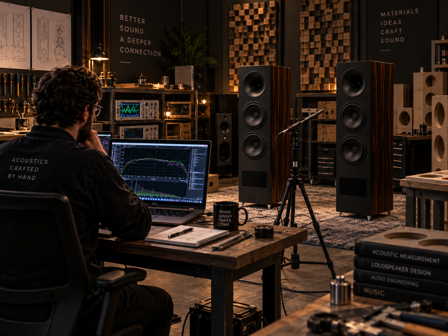 A maker evaluating a pair of loudspeakers with a measurement microphone in the workshop