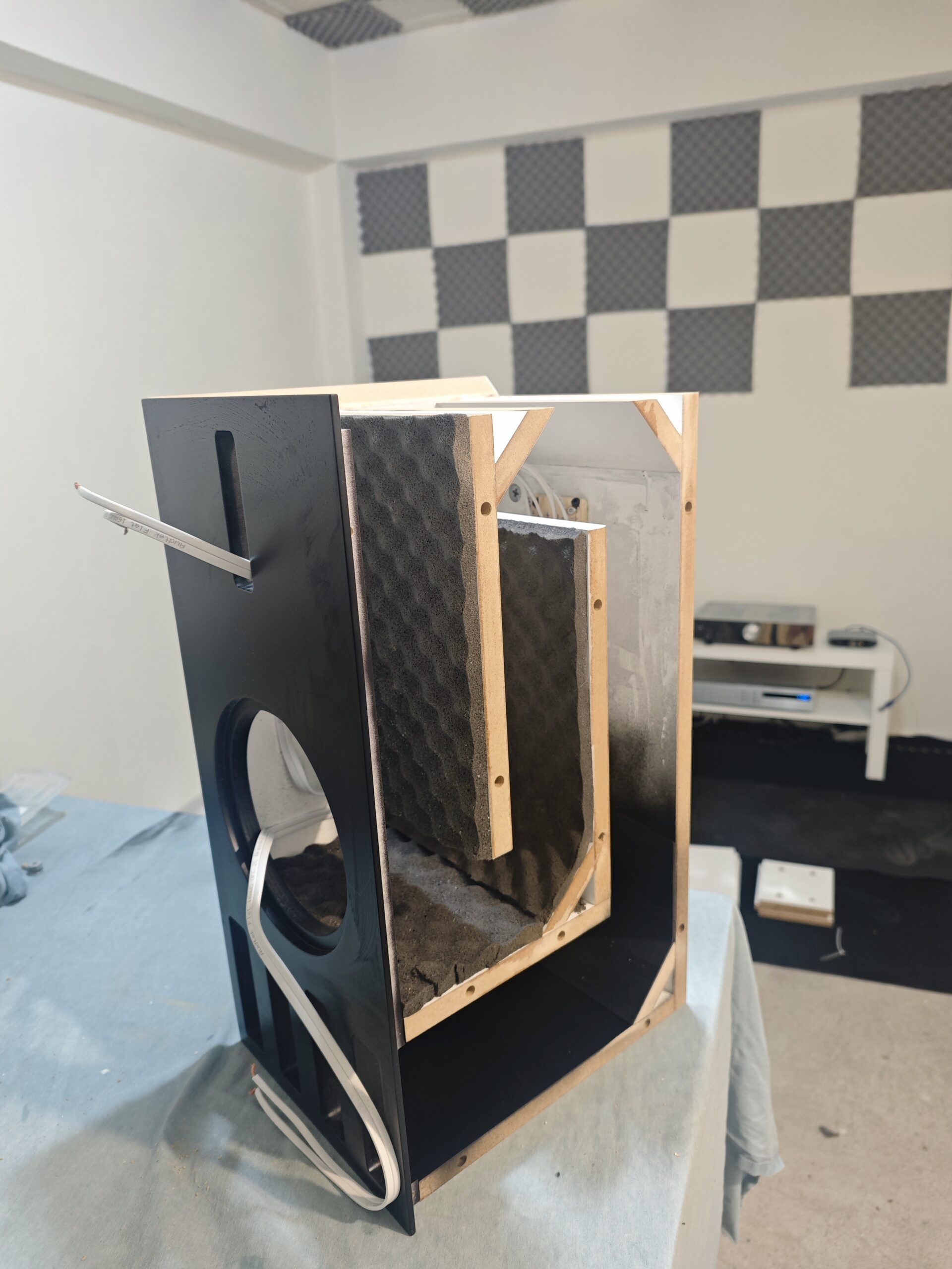 Real workshop photograph: damping inside a cabinet. Cabinet lining is not a substitute for room treatment.
