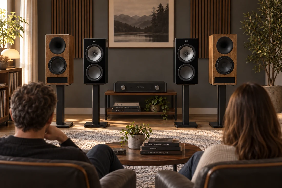 AI illustration of two people facing wood-finished Esséncia Active speakers and a black KEF R3 Meta-style pair in a listening room.