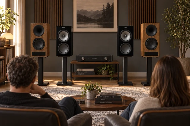 AI illustration of two people facing wood-finished Esséncia Active speakers and a black KEF R3 Meta-style pair in a listening room.