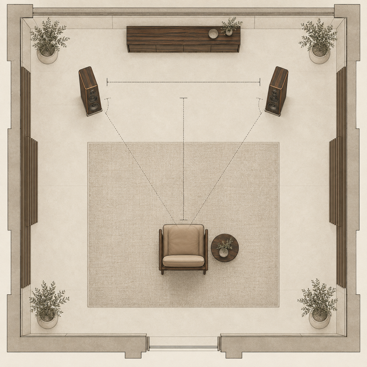 Symmetrical listening-room plan with floorstanding speakers, chair and room axis