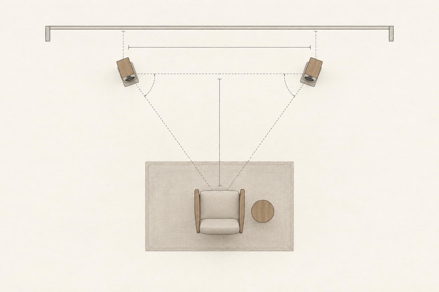 Top-down placement diagram showing loudspeaker separation, listening distance, wall clearance and toe-in