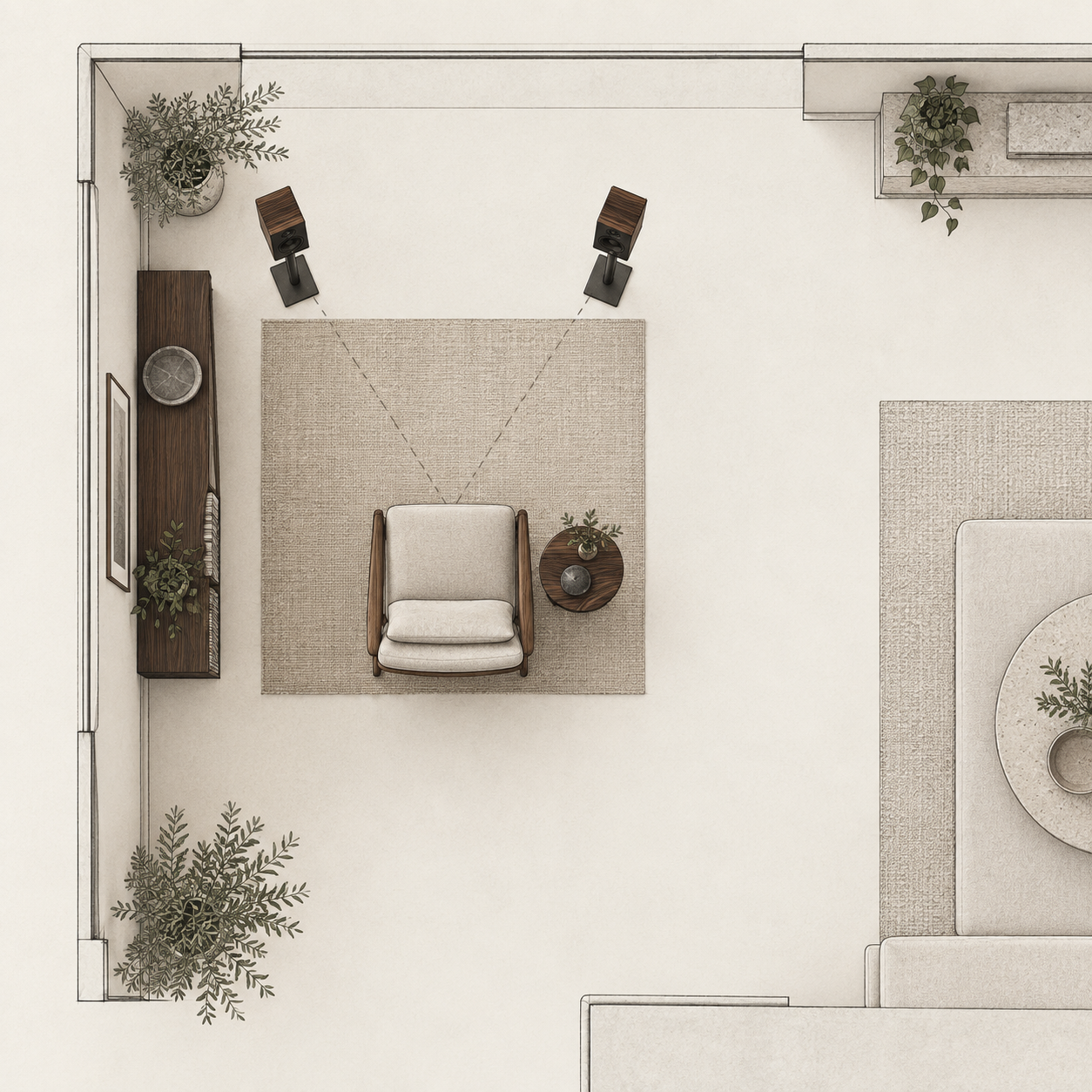 Compact listening-corner plan with bookshelf speakers on stands and a chair