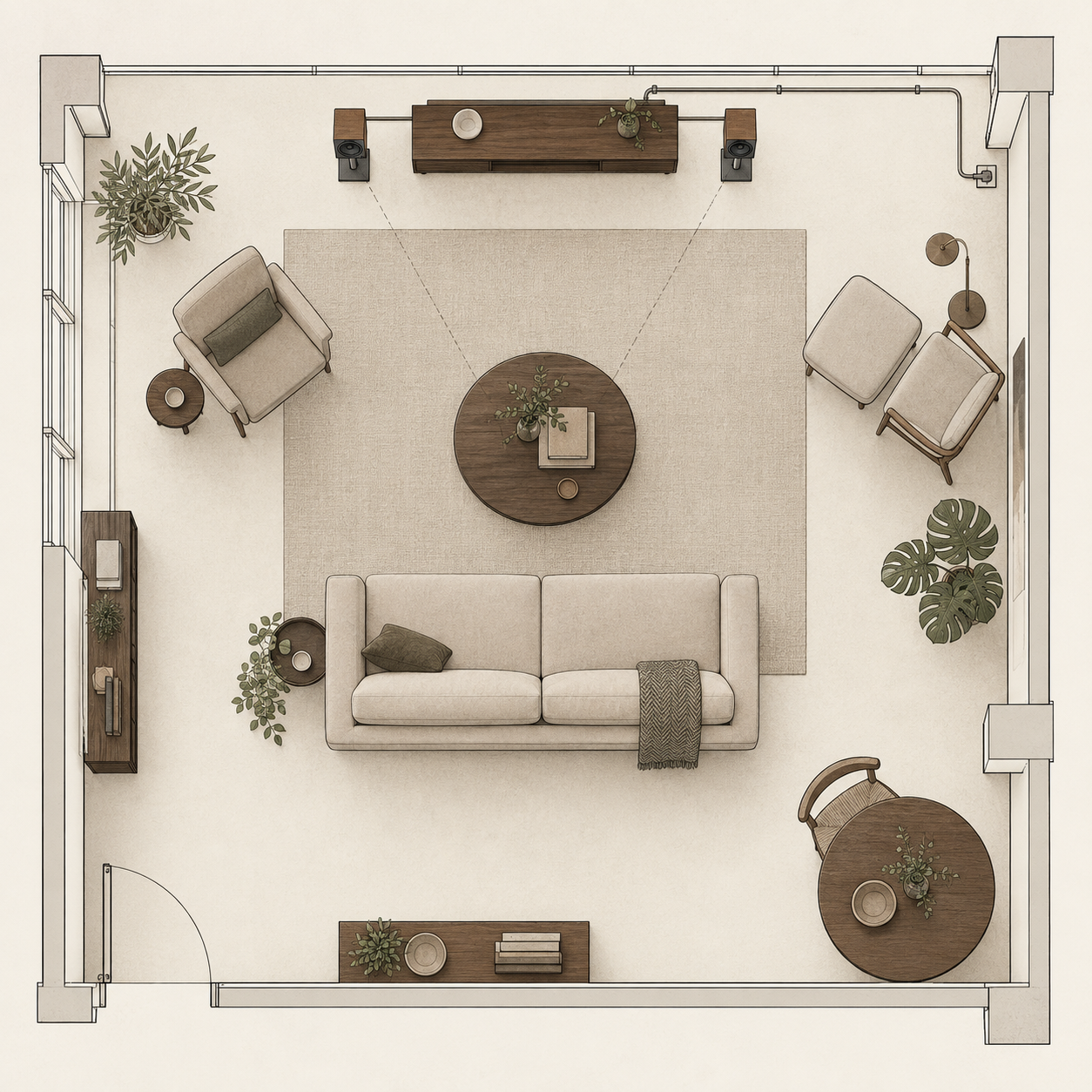 Shared living-room plan with sofa, two bookshelf speakers and a discreet cable route