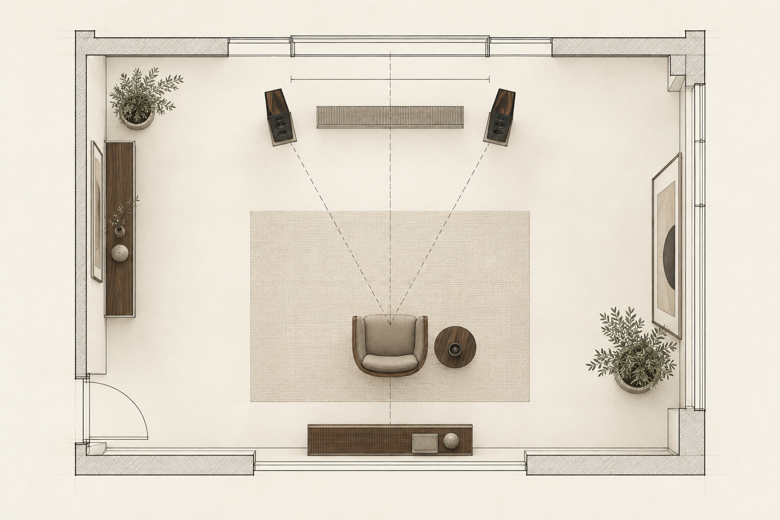 Top-down listening room plan with two loudspeakers, listening chair and placement geometry