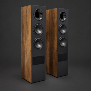 Reality Pro Walnut floorstanding loudspeakers — pair in three-quarter view